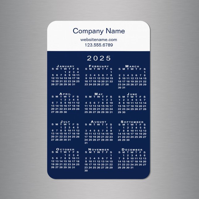 Ímã Marinho de Informações sobre o Nome da Empresa do  (Modern 2025 Calendar Company Name Info Navy White Magnet in situ)