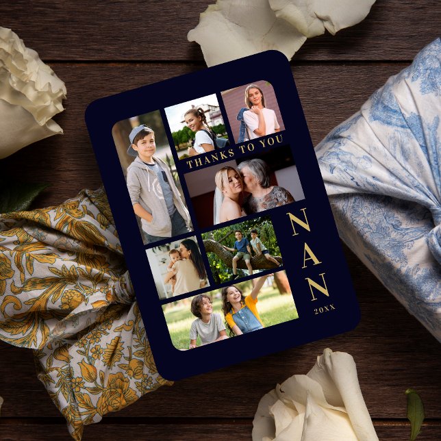 Ímã Marinho e família de colagem de múltiplas fotos Cl (Navy Blue & Fake Gold Classic 7 Multi Photos Collage Family Magnet.)