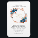 Ímã Marinho Terracotta Convite de casamento Azul Flora<br><div class="desc">Vocês vão ver essas marinhos de aquarelas azuis e folhas de folhagem terracotta numa moldura geométrica dourada. Ou uma coroa nas mesmas cores. No verso,  é terracota e tinta azul-d'água marinho.</div>