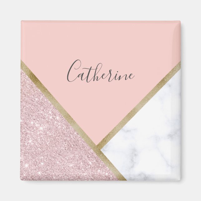 Imã Mármore branco de ouro-rosa geométrico elegante (Frente)