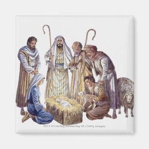 Imã Mary, Joseph, e pastores que cercam o bebê Jesus