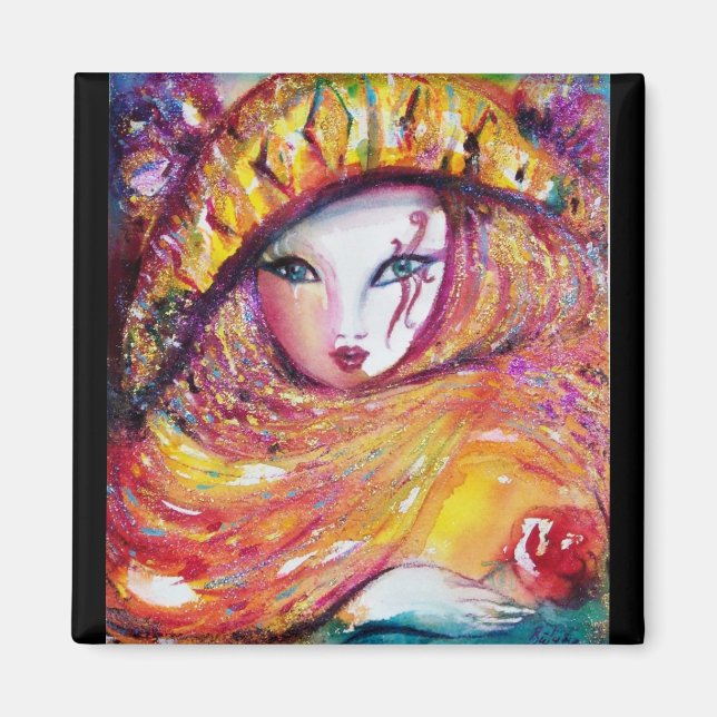 IMÃ MÁSCARA CARNIVAL NO AMARELO DOURADO COM ROSA VERME (Frente)