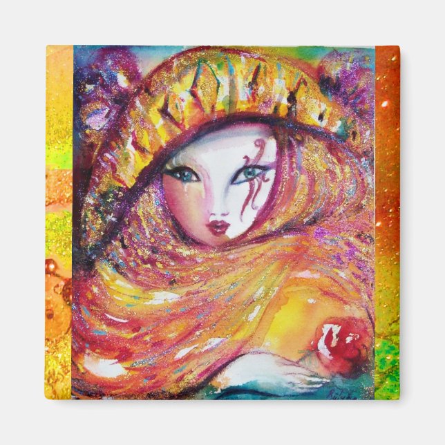 IMÃ MÁSCARA CARNIVAL NO AMARELO DOURADO COM ROSA VERME (Frente)