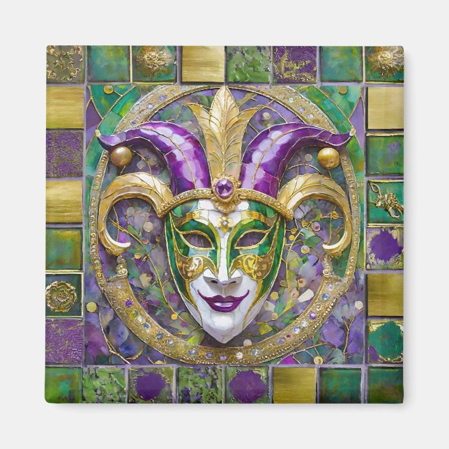 Imã Máscara de Jester do Mardi Gras Roxa Verde Dourada (Frente)