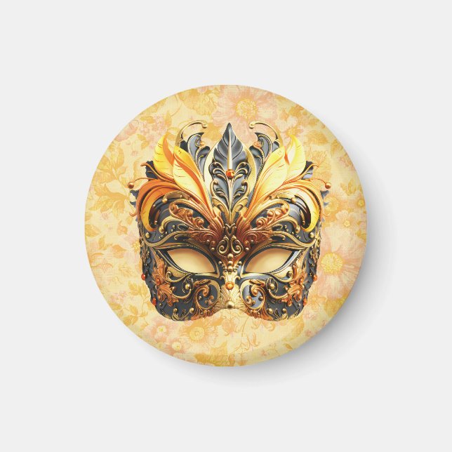 Imã Máscara de pena amarela sobre padrão floral (Frente)