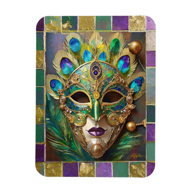 Ímã Máscara de Pena de Pavão Cerâmico Dourado de Mardi (Vertical)