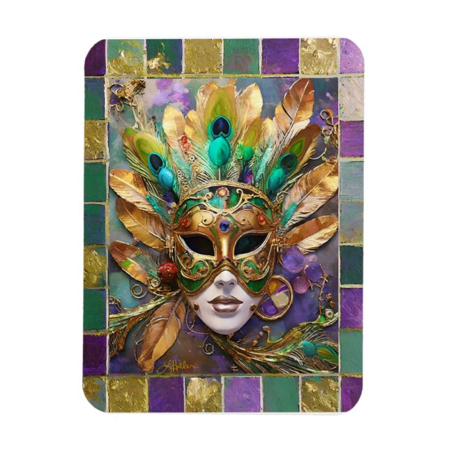 Ímã Máscara de Pena de Pavão Dourado e Verde de Mardi  (Vertical)