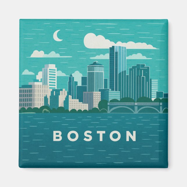 Imã Massachusetts Night Cityscape | Boston Skyline Art (Frente)