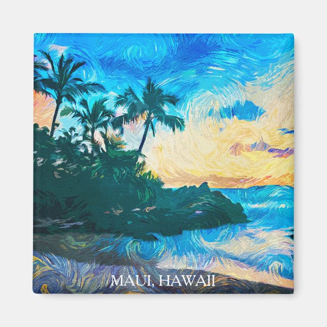 Imã Maui Hawaii Oil Paint Illustration viagem (Frente)