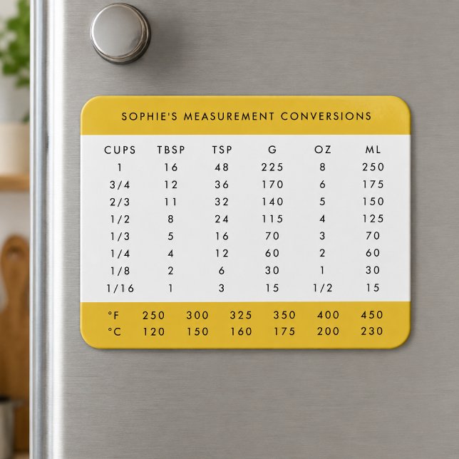 Ímã Measurement Conversions | Yellow Kitchen Chart (Personalized fridge magnet with kitchen measurement conversions for baking and cooking reference)