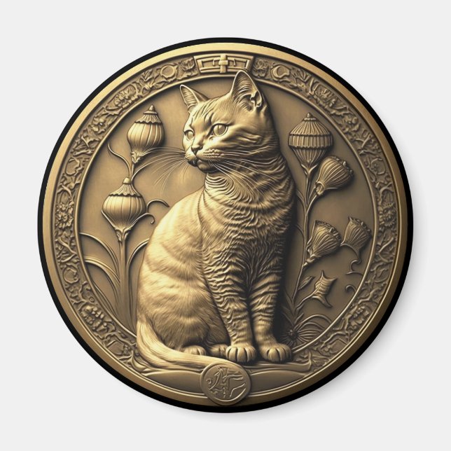 Imã Medalhão de Gatos Dourados Sentados (Frente)