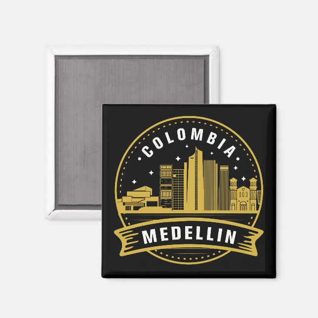 Imã Medellin Colombia Cityscape Dourado (Front/Back)