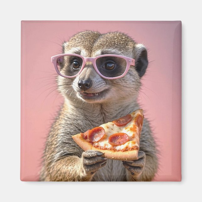 Imã Meerkat bonito com óculos e pizza (Frente)