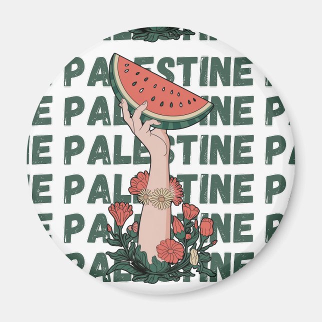 Imã melancia, flores e texto palestino Repetir (Frente)