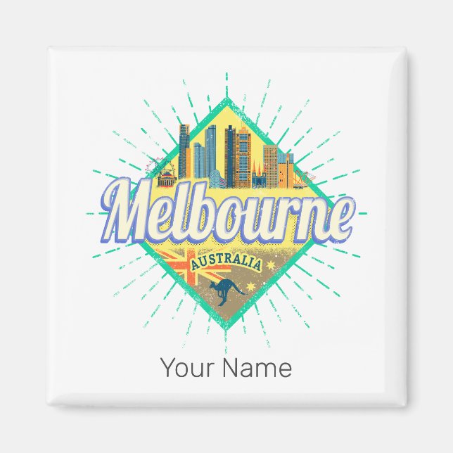 Imã Melbourne Victoria Austrália Retro Skyline Vintage (Frente)