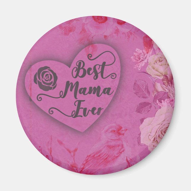 Imã Melhor Mamãe Rosas Rosa e Flores de Aves (Frente)