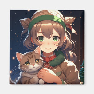 Imã Menina Anime Fofa Segurando um Gatinho de Natal