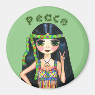 Imã Menina Boneca Hippie dos Anos 60 Sinal de Paz Fofo