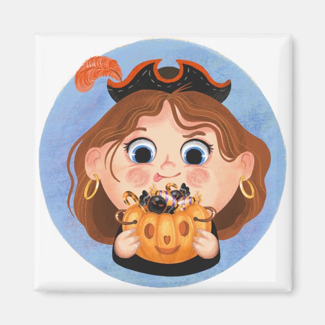 Imã Menina bonita numa fantasia pirata de Halloween (Frente)