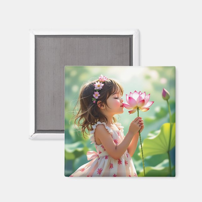 Imã Menina Cheirando uma Rosa Rosa Personalizada (Front/Back)