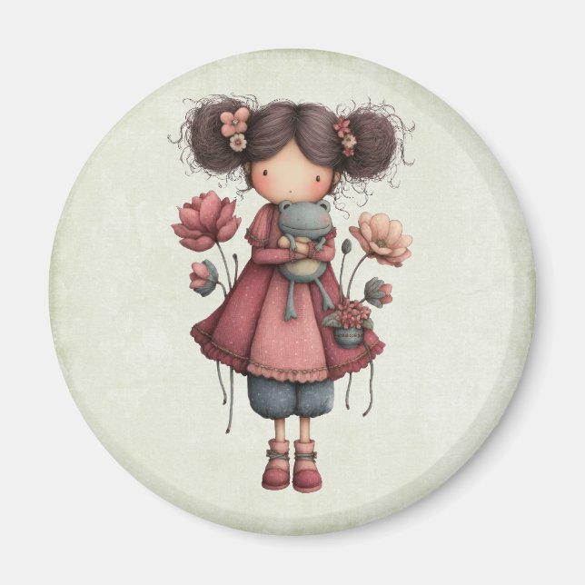 Imã Menina com Boneca de Sapo Fofo Caprichoso (Frente)