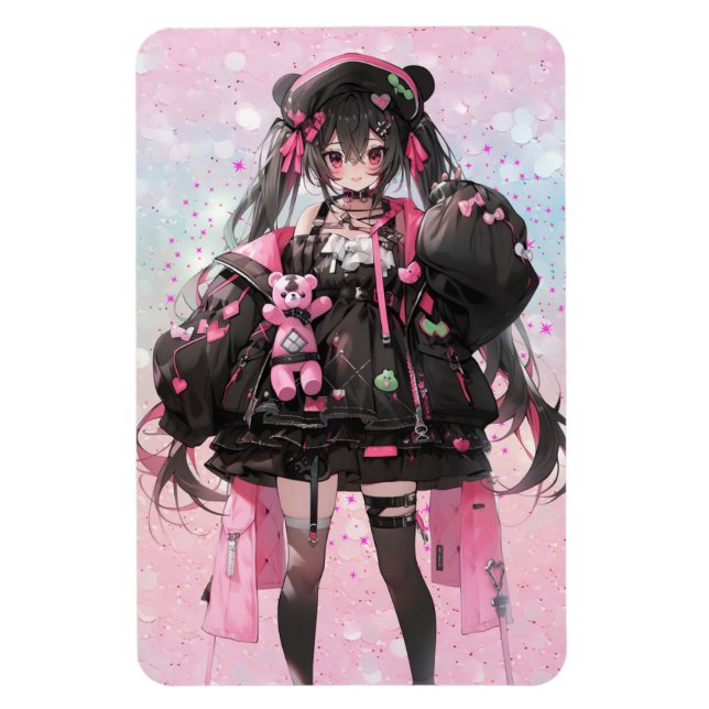 Ímã Menina de animação Kawaii em rosa e vestido preto (Vertical)