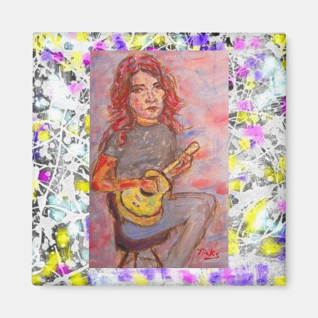 Imã menina de cabelo vermelho e ukulele (Frente)