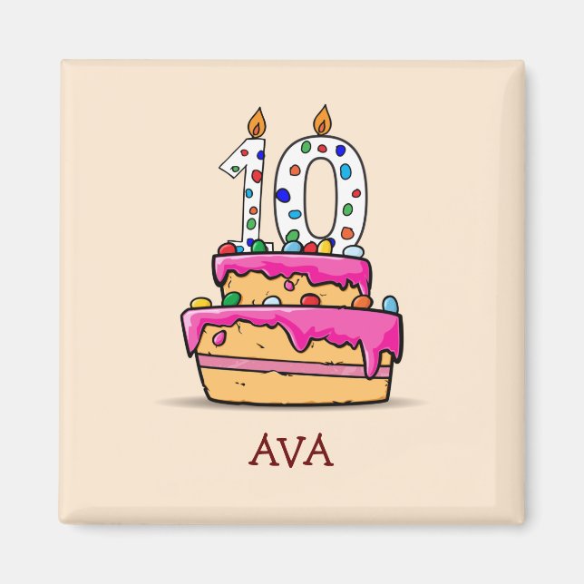 Imã Menina do 10º Aniversário, 10 no Bolo Rosa Doce (Frente)