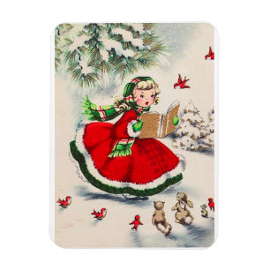 Ímã Menina do natal vintage na floresta