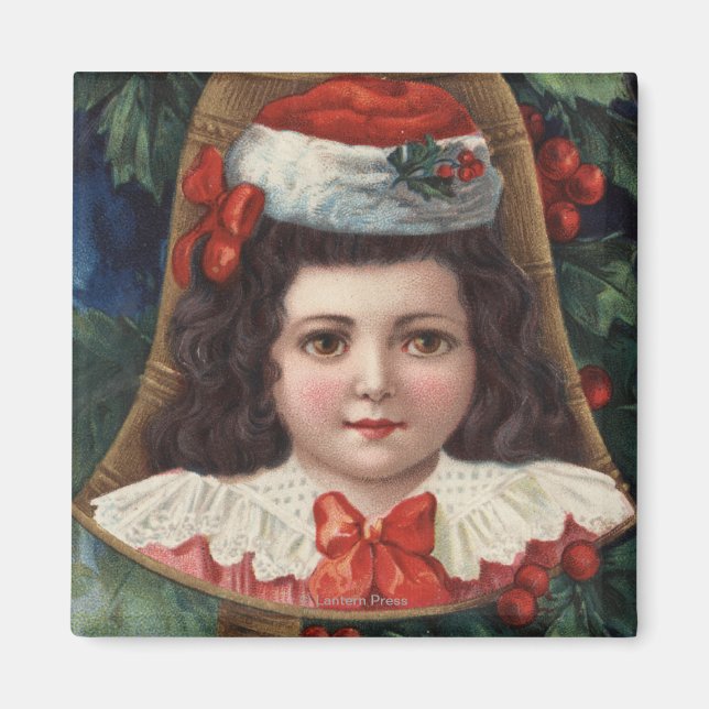 Imã Menina em Santa Hat em Bell (Frente)