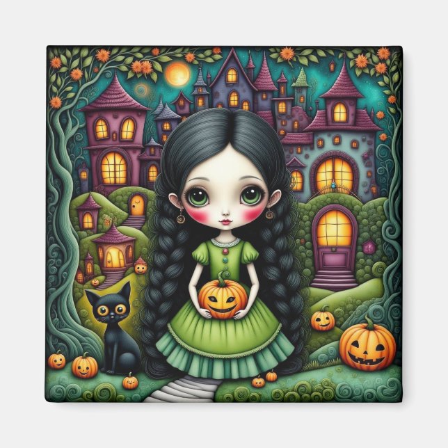 Imã Menina Gótica Fofa Abóbora Vila Halloween (Frente)