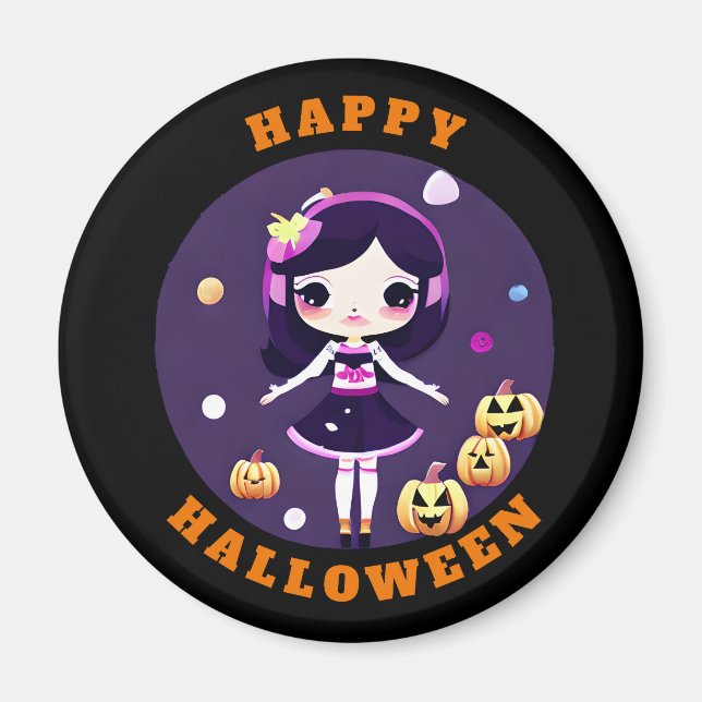 Imã Menina Kawaii Fofa em Abóboras Halloween (Frente)