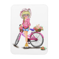 Menina Loura-Gira com Bicicleta Rosa e Gato nas Fl