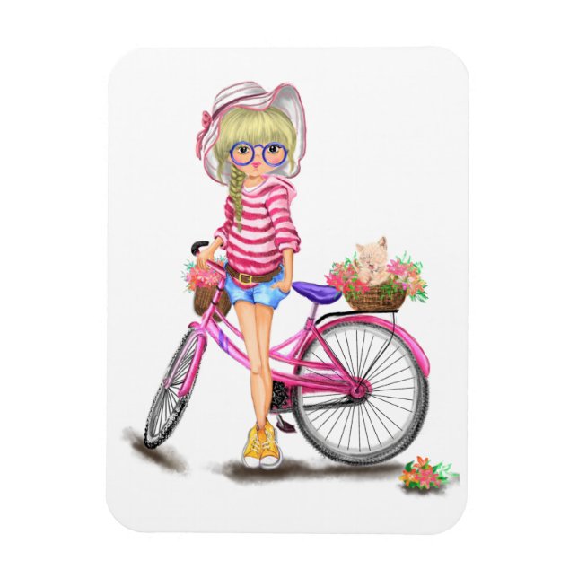 Ímã Menina Loura-Gira com Bicicleta Rosa e Gato nas Fl (Vertical)
