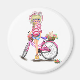 Imã Menina Loura-Gira com Bicicleta Rosa e Gato nas Fl