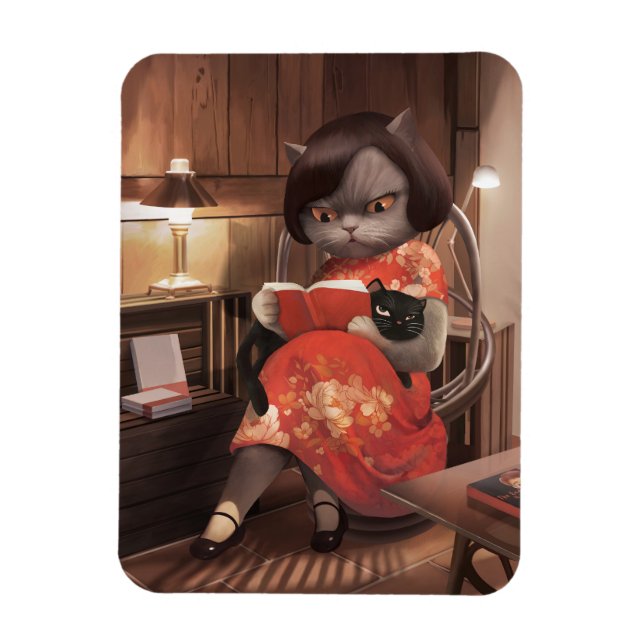 Ímã Menina Meow - Tempo de Leitura de Gato Vintage (Vertical)