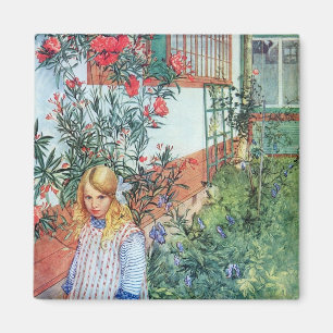 Imã Menina no jardim com flores vermelhas