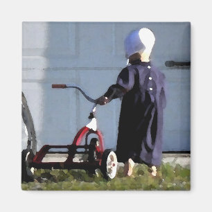 Imã Menina pequena de Amish com sua Trike-Aguarela