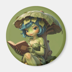 Imã Menina Sapo Fofa Lendo Livro Sob Folha