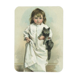 Ímã Menina Vitoriana Antiga em Camisola com seu Gato