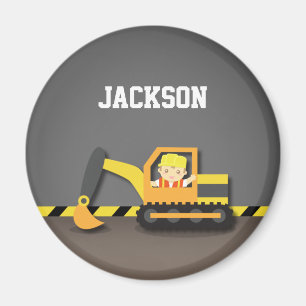 Imã Menino Construtor Escavadeira Laranja Fofo