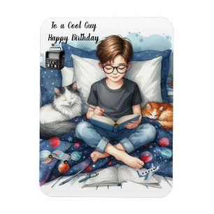 Ímã Menino Lendo Livros com Gatos de Aniversário 