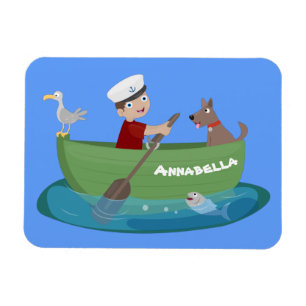 Ímã Menino marinheiro fofo e cachorro remando barco de