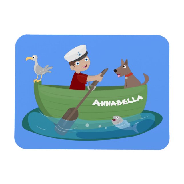 Ímã Menino marinheiro fofo e cachorro remando barco de (Horizontal)