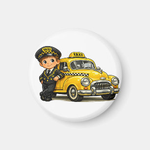 Imã Menino Motorista de Táxi Retrô com Camiseta de Car