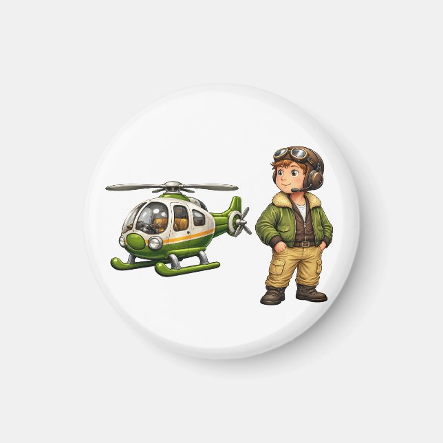 Imã Menino Piloto de Helicóptero Retrô com Helicóptero (Frente)