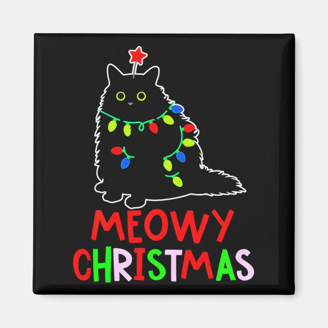 Imã Meowy Christmas Xmas Lights Black Cat Pajamas  (Frente)