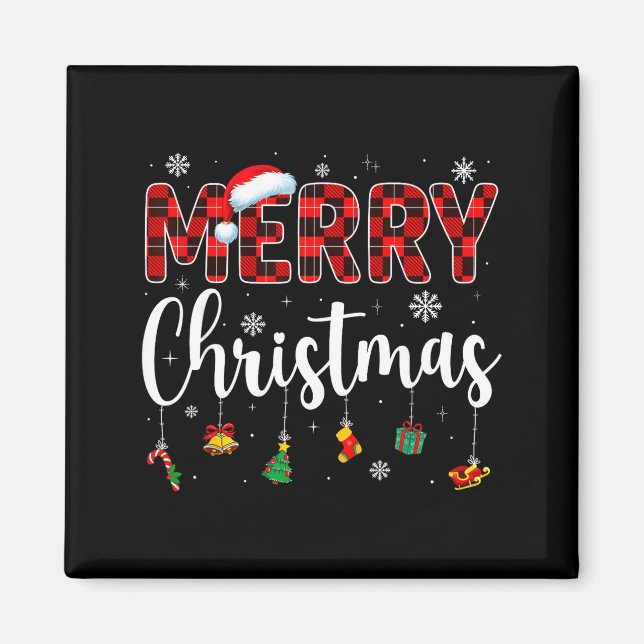 Imã Merry Christmas Buffalo Plaid Red Santa Family Xma (Frente)