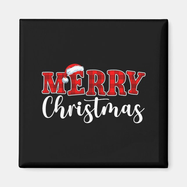 Imã Merry Christmas Buffalo Plaid Red Santa Hat Xmas P (Frente)