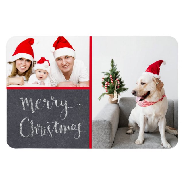 Ímã Merry Christmas Chalk Design Double Photo Holiday  (Horizontal)